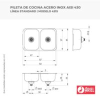 Bacha Doble Ariel 57 x 37 x 15cm 4315 Acero - Imagen 2